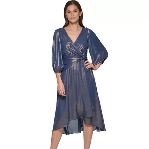 DKNY Iridescent Twisted Balloon-Sleeve evening Sleeve Dress -Denim Gold size 6 - Picture 1 of 12